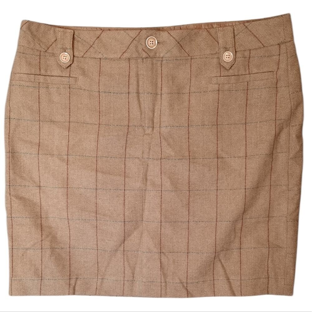 Eddie Bauer Pencil Skirt Womans 14 Tan Plaid Wool Blend Preppy Business Casual